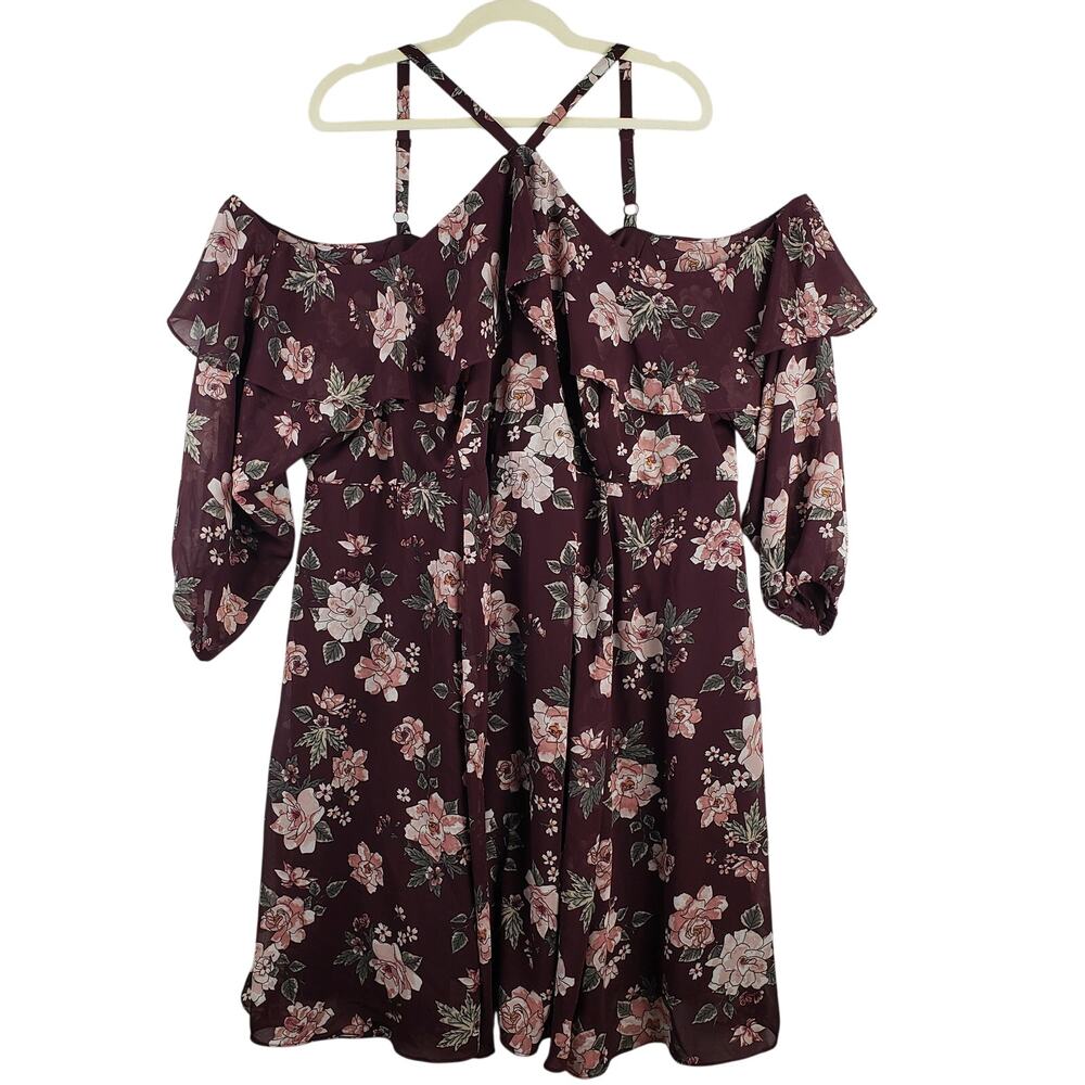 Torrid Women's Plus 26 Cold Shoulder Ruffle Midi Dress Wine Maroon Floral New